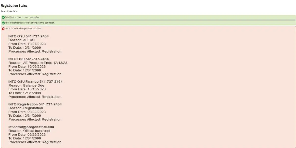 Screenshot of Student Account Holds